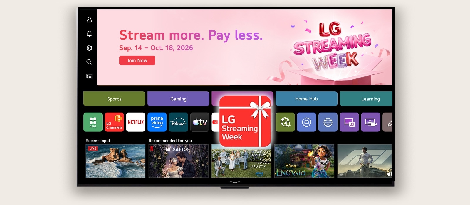 webOS Home UI featuring an LG Streaming Week banner and app icon, with streaming apps and recommended content displayed on screen.