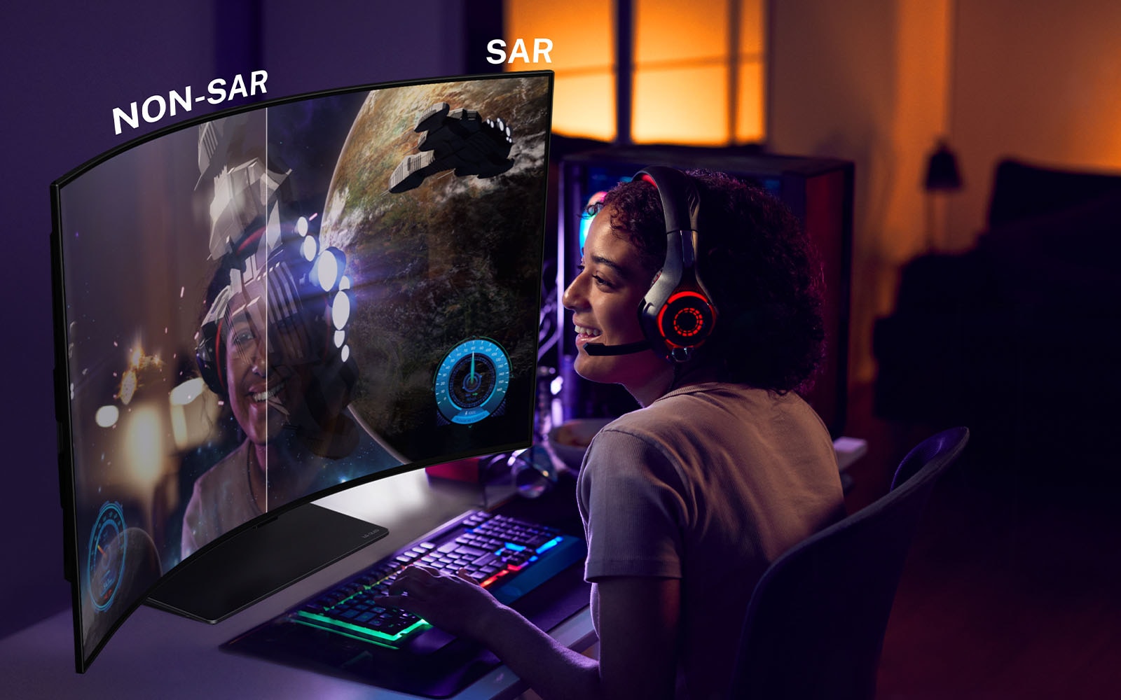 An image of a person gaming on LG OLED Flex. The right side of the screen has SAR technology applied and shows just the game graphics. The left side of the screen is non-SAR and has a reflection of the gamer's face.