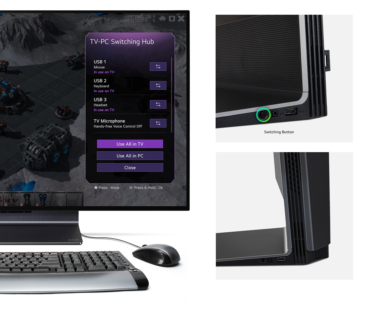 Switching hub shown in three images. First, the Switching Hub menu is shown on LG OLED Flex's screen. The second image shows the connectivity port on LG OLED Flex. The third image shows a side view of LG OLED Flex's connectivity port.