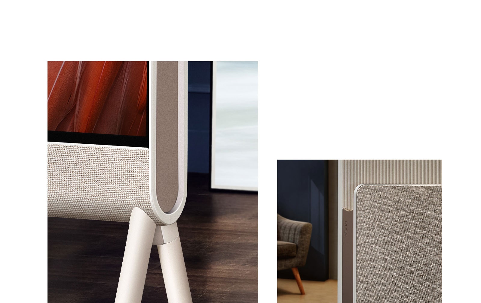 Prim-plan cu Posé din față, cu accent pe materialul textil și cu pardoseală de lemn în fundal. Prim-plan cu materialul textil pe raftul media și sigla LG Objet, cu un fotoliu în fundal.