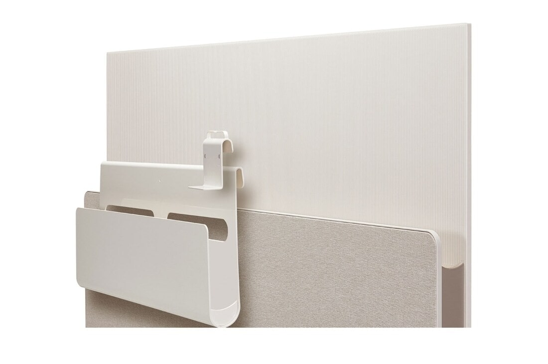 LG OLED | Posé - Gama Objet, Posé văzut din spate, orientat spre stânga, cu organizatorul pentru cabluri, accesorii și cârligul agățat deasupra raftului media., 42LX1Q3LA, thumbnail 9