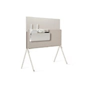 LG OLED | Posé - Gama Objet, Posé văzut din spate, orientat spre stânga cu organizatorul de cabluri și accesorii pe raftul media, pe care este așezat un router, un cablu de alimentare cu cleme multiple și cutia televizorului., 42LX1Q3LA, thumbnail 7