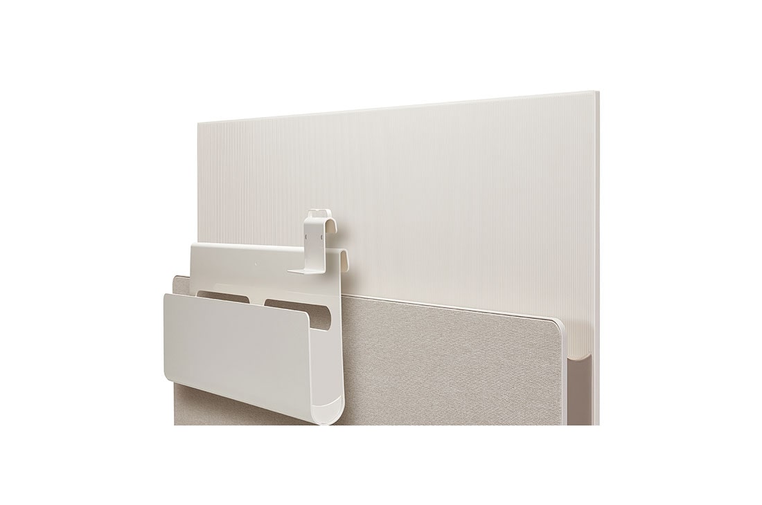 LG OLED | Posé - Gama Objet, Posé văzut din spate, orientat spre stânga, cu organizatorul pentru cabluri, accesorii și cârligul agățat deasupra raftului media., 48LX1Q3LA, thumbnail 9