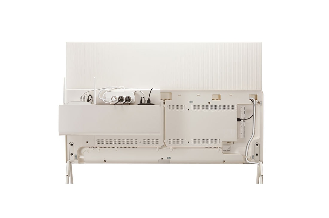 LG OLED | Posé - Gama Objet, Posé văzut din spate, fără Clean Cover atașat, prezentând gestionarea cablurilor televizorului. Organizatorul pentru cabluri și accesorii pe raftul media, pe care sunt așezate un router, o bandă de al, 55LX1Q3LA, thumbnail 10