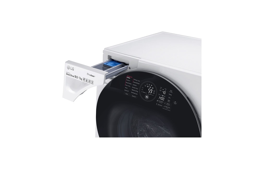 LG Spală două încărcături simultan LG TwinWash™ | 10.5kg/2kg spălare | 7kg uscare | Clasa A | 6 Motion Direct Drive™ 10 ani garanție | TrueSteam™| ThinQ™ | Alb, F4WD127TWIN, thumbnail 6