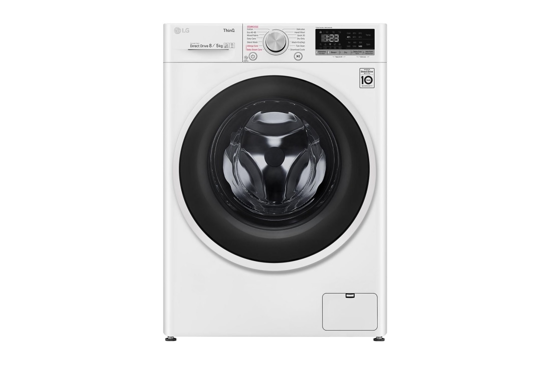 LG Mașină de spălat cu uscător | 8Kg spălare/5Kg uscare | 1400 rpm | AI Direct Drive™ | Clasa E |Clasa D ciclu spălare / Clasa E ciclu spălare + uscare | Steam™ | 6 Motion | ThinQ™ | Alb, F4DT408AIDD