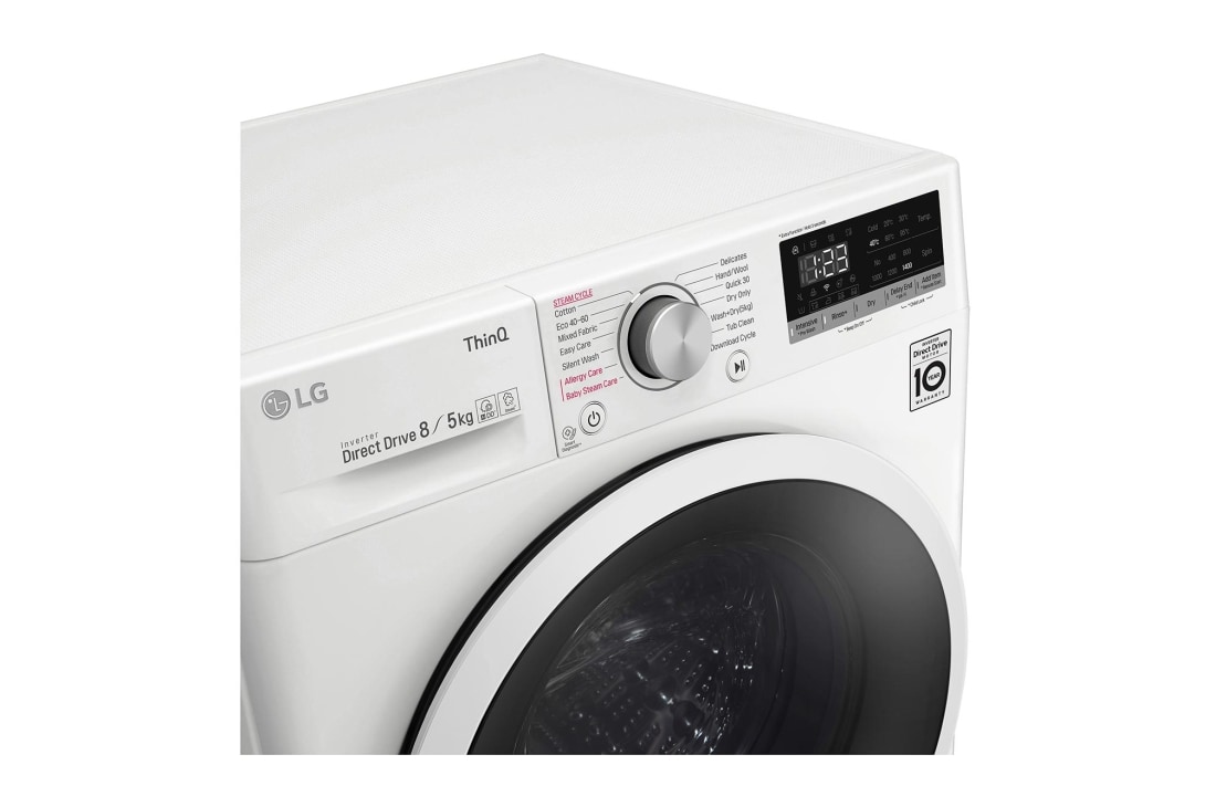 LG Mașină de spălat cu uscător | 8Kg spălare/5Kg uscare | 1400 rpm | AI Direct Drive™ | Clasa E |Clasa D ciclu spălare / Clasa E ciclu spălare + uscare | Steam™ | 6 Motion | ThinQ™ | Alb, F4DT408AIDD, thumbnail 3