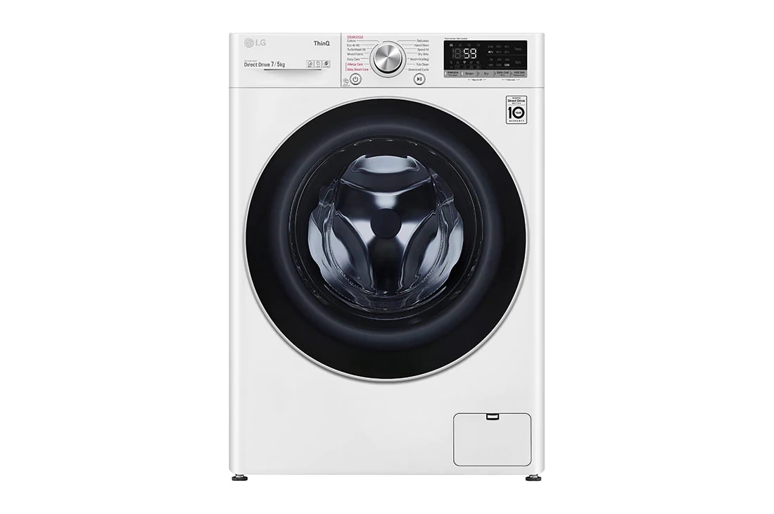 LG Mașină de spălat cu uscător Slim | 7Kg spălare/5Kg uscare | 1200 rpm | AI Direct Drive™ | Clasa D ciclu spălare / Clasa E ciclu spălare + uscare | ThinQ™ | Steam™ | Alb, Front view, F2DV5S7S1E