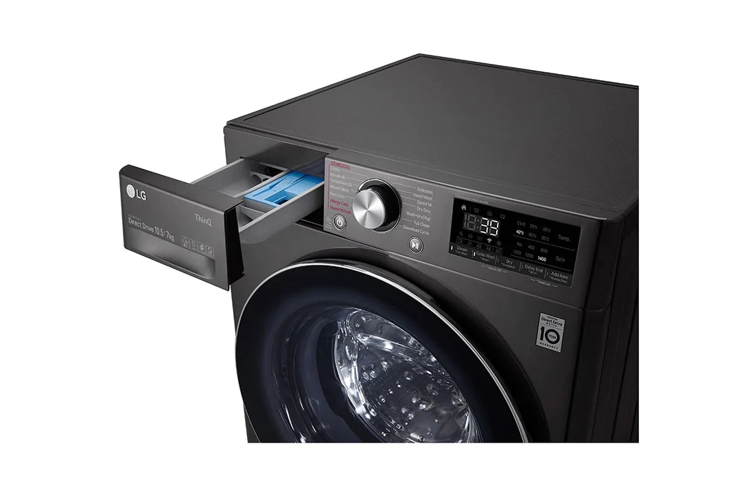 LG Mașină de spălat cu uscător | 10.5Kg spălare/7Kg uscare | 1400 rpm | AI Direct Drive™ | Clasa A ciclu spălare / Clasa E ciclu spălare + uscare | Steam™ | ThinQ™ | TurboWash™ | Gri închis, Open the box at close distance to measure the surface view 30°, F4DV710S2SE, thumbnail 4