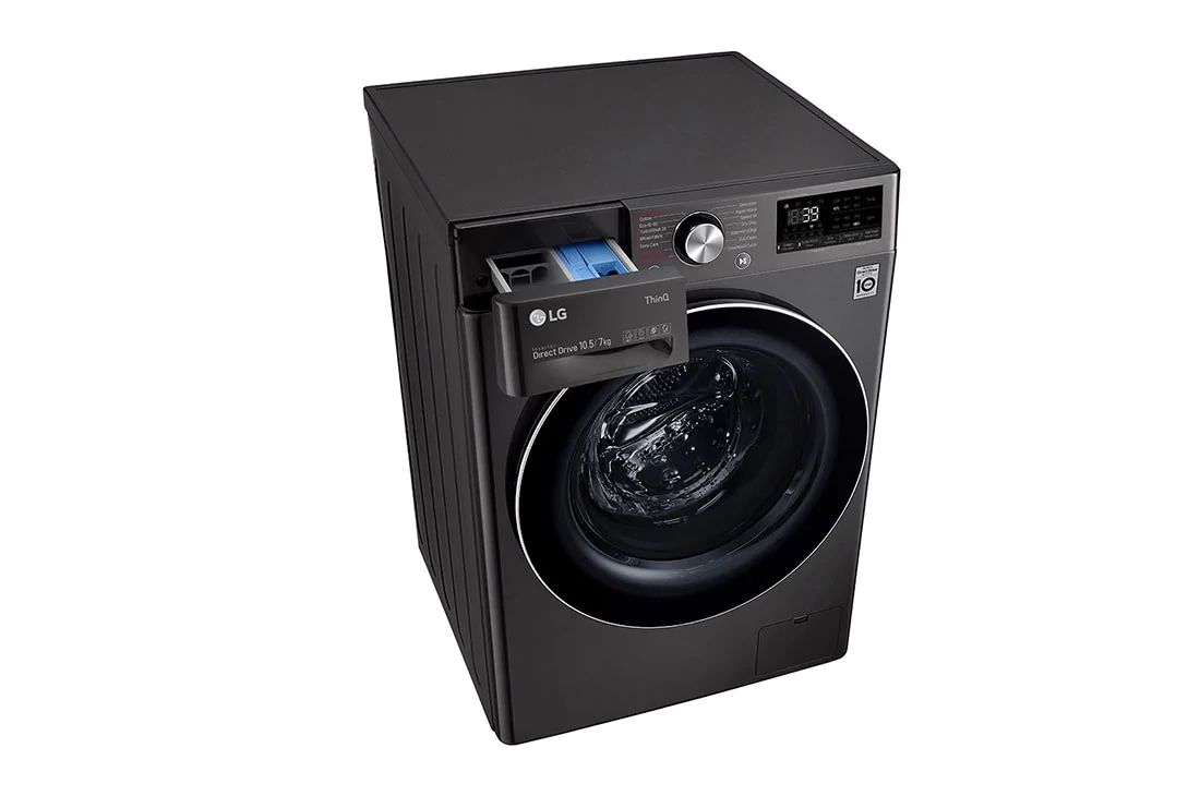 LG Mașină de spălat cu uscător | 10.5Kg spălare/7Kg uscare | 1400 rpm | AI Direct Drive™ | Clasa A ciclu spălare / Clasa E ciclu spălare + uscare | Steam™ | ThinQ™ | TurboWash™ | Gri închis, Looking down Open the box view 30°, F4DV710S2SE, thumbnail 8