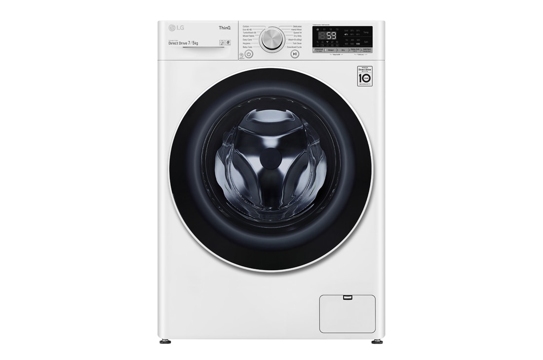 LG Mașină de spălat cu uscător Slim | 7Kg spălare/5Kg uscare | 1400 rpm | AI Direct Drive™ | Clasa D ciclu spălare / Clasa E ciclu spălare + uscare | TurboWash™ | ThinQ™ | Alb, Front image, F2DV5S7N0E