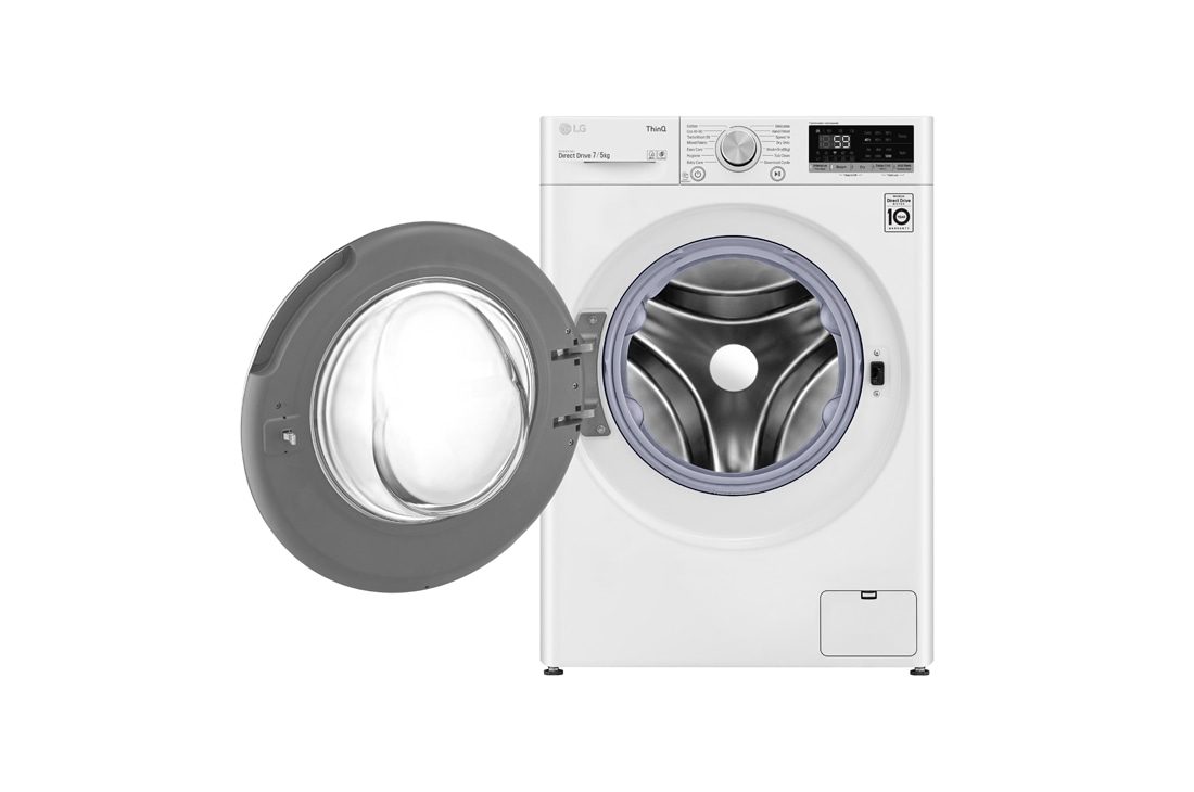 LG Mașină de spălat cu uscător Slim | 7Kg spălare/5Kg uscare | 1400 rpm | AI Direct Drive™ | Clasa D ciclu spălare / Clasa E ciclu spălare + uscare | TurboWash™ | ThinQ™ | Alb, Frontopen image, F2DV5S7N0E, thumbnail 2
