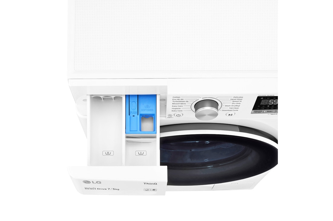 LG Mașină de spălat cu uscător Slim | 7Kg spălare/5Kg uscare | 1400 rpm | AI Direct Drive™ | Clasa D ciclu spălare / Clasa E ciclu spălare + uscare | TurboWash™ | ThinQ™ | Alb, TopDraweropen image, F2DV5S7N0E, thumbnail 6