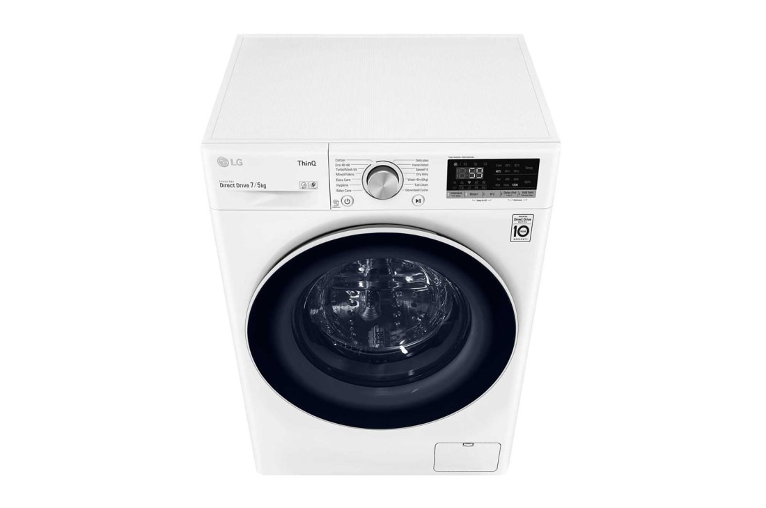 LG Mașină de spălat cu uscător Slim | 7Kg spălare/5Kg uscare | 1400 rpm | AI Direct Drive™ | Clasa D ciclu spălare / Clasa E ciclu spălare + uscare | TurboWash™ | ThinQ™ | Alb, Top image, F2DV5S7N0E, thumbnail 9