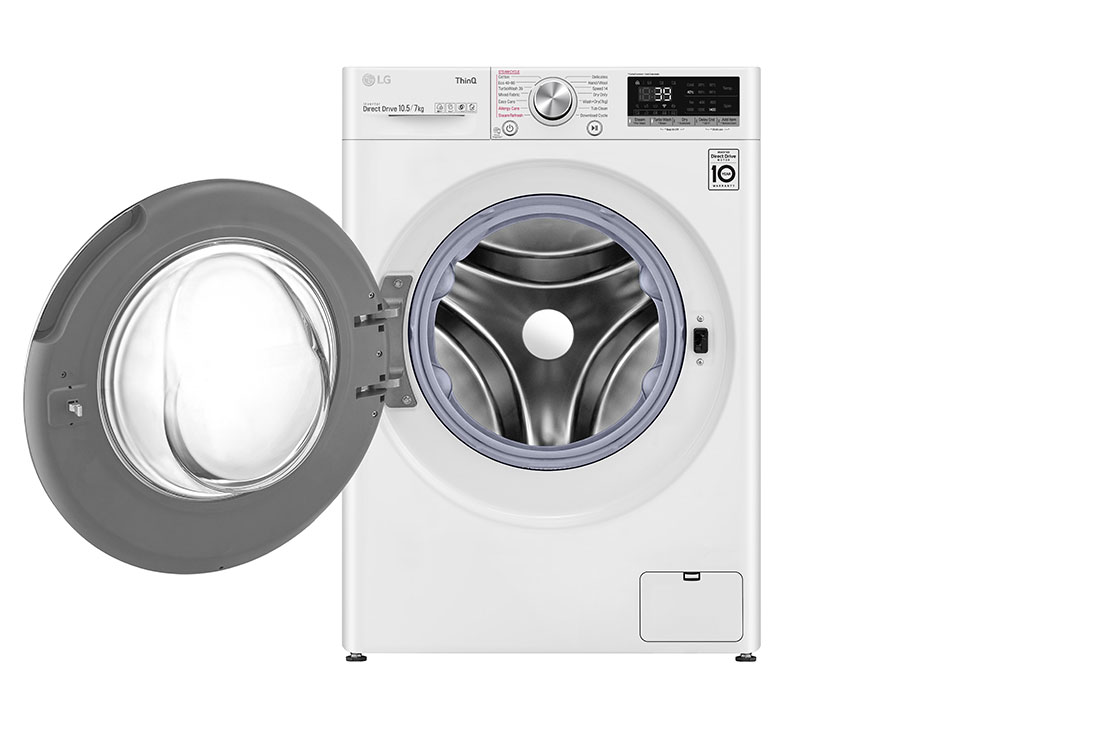 LG Mașină de spălat cu uscător | 10.5Kg spălare/7Kg uscare | 1400 rpm | AI Direct Drive™ | Clasa A ciclu spălare / Clasa E ciclu spălare + uscare | TurboWash™39 | Steam™ | ThinQ™ | Alb, Front view with door open, F4DV710S1E, thumbnail 2
