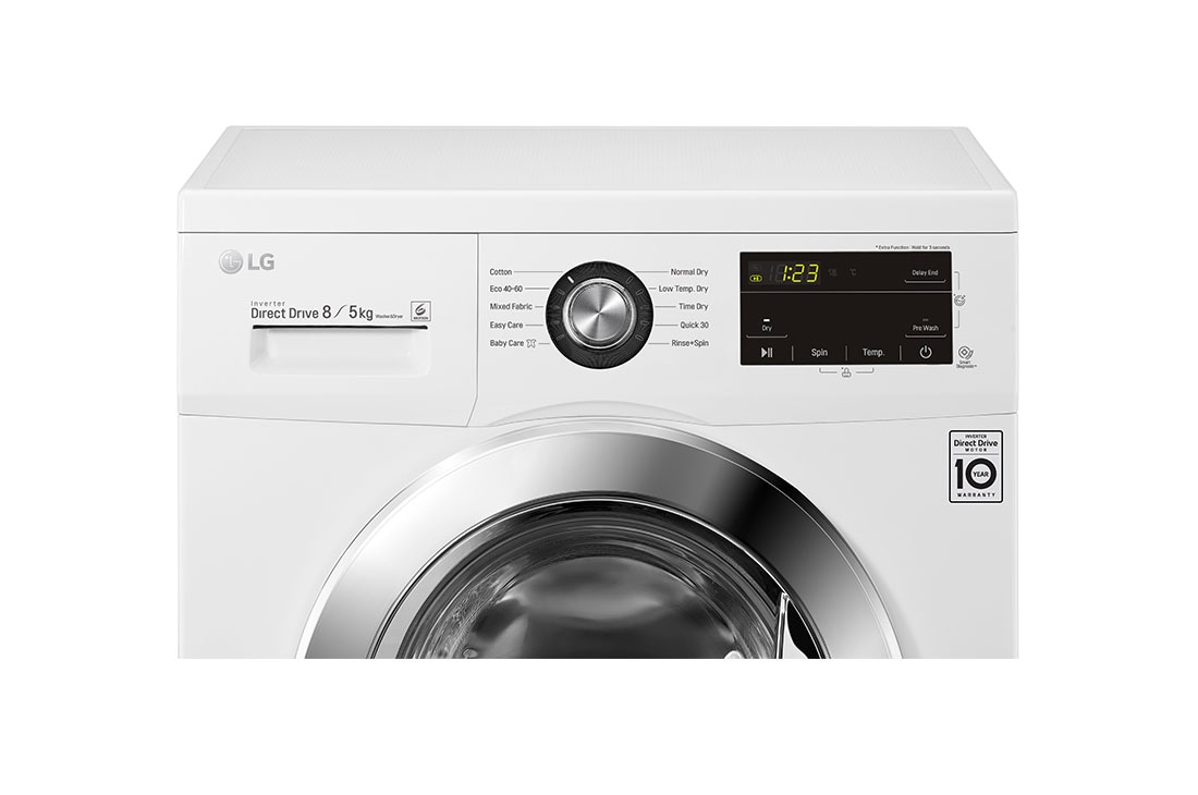 LG Mașină de spălat cu uscător | 8kg spălare/5kg uscare | 1400 rpm | 6 Motion Direct Drive™ | Clasa D ciclu spălare / Clasa E ciclu spălare + uscare | Smart Diagnosis™ | Alb, Front Panel Detail, F4J3TM5WE, thumbnail 4
