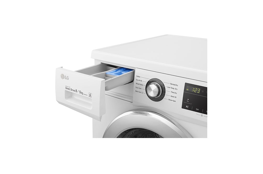 LG Mașină de spălat cu uscător | 8kg spălare/5kg uscare | 1400 rpm | 6 Motion Direct Drive™ | Clasa D ciclu spălare / Clasa E ciclu spălare + uscare | Smart Diagnosis™ | Alb, Drawer Open Detail, F4J3TM5WE, thumbnail 5