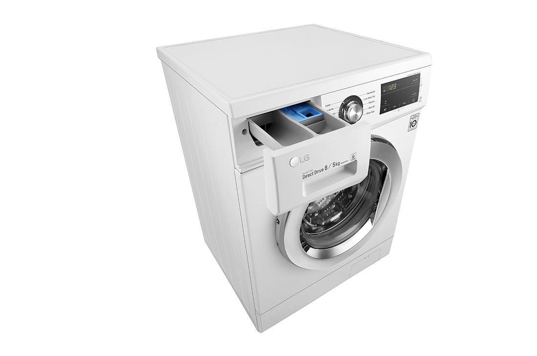 LG Mașină de spălat cu uscător | 8kg spălare/5kg uscare | 1400 rpm | 6 Motion Direct Drive™ | Clasa D ciclu spălare / Clasa E ciclu spălare + uscare | Smart Diagnosis™ | Alb, Top Left Perspective Open, F4J3TM5WE, thumbnail 7