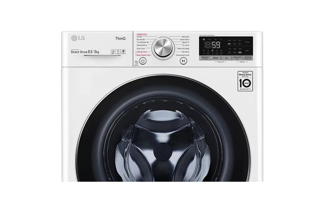 LG Mașină de spălat cu uscător Slim | 8,5 Kg spălare/5 Kg uscare | 1200 rpm | AI Direct Drive™ | Clasa C ciclu spălare / Clasa E ciclu spălare + uscare | Steam™ | ThinQ™ | Alb, vedere părții de sus și a unității de comandă de sus, F2DV5S8S2E, thumbnail 5