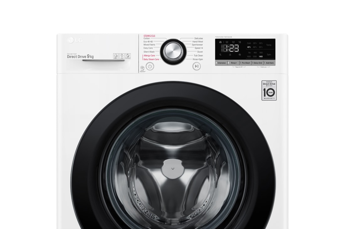 LG Mașină de spălat | 9 Kg spălare | 1400 rpm | AI Direct Drive™ | Clasa B | Compatibilitate cu TWINWash™ Mini | Steam™ | Smart Diagnosis™ | Alb, vedere frontală de sus, F4WV309S6E, thumbnail 6