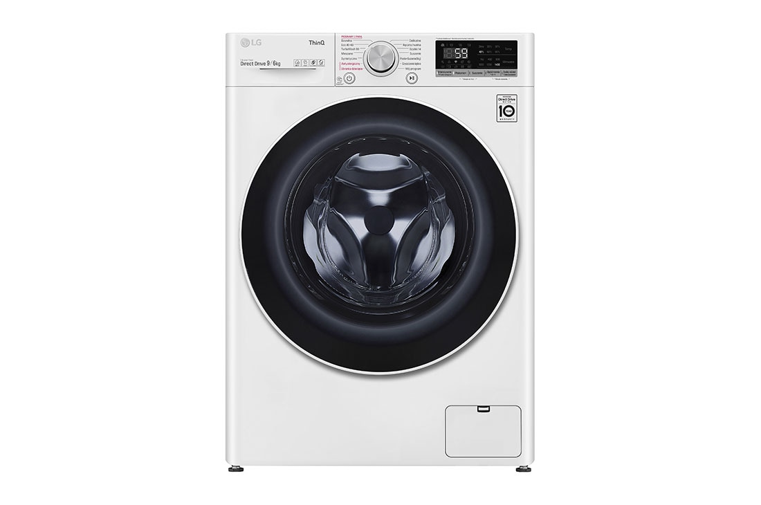 LG Mașină de spălat cu uscător | 9Kg spălare / 6Kg uscare | AI Direct Drive™ | Clasa B ciclu spălare / Clasa E ciclu spălare + uscare  | TurboWash™ 59| Steam™ | ThinQ™ | Alb, Front image, F4DV509S0E