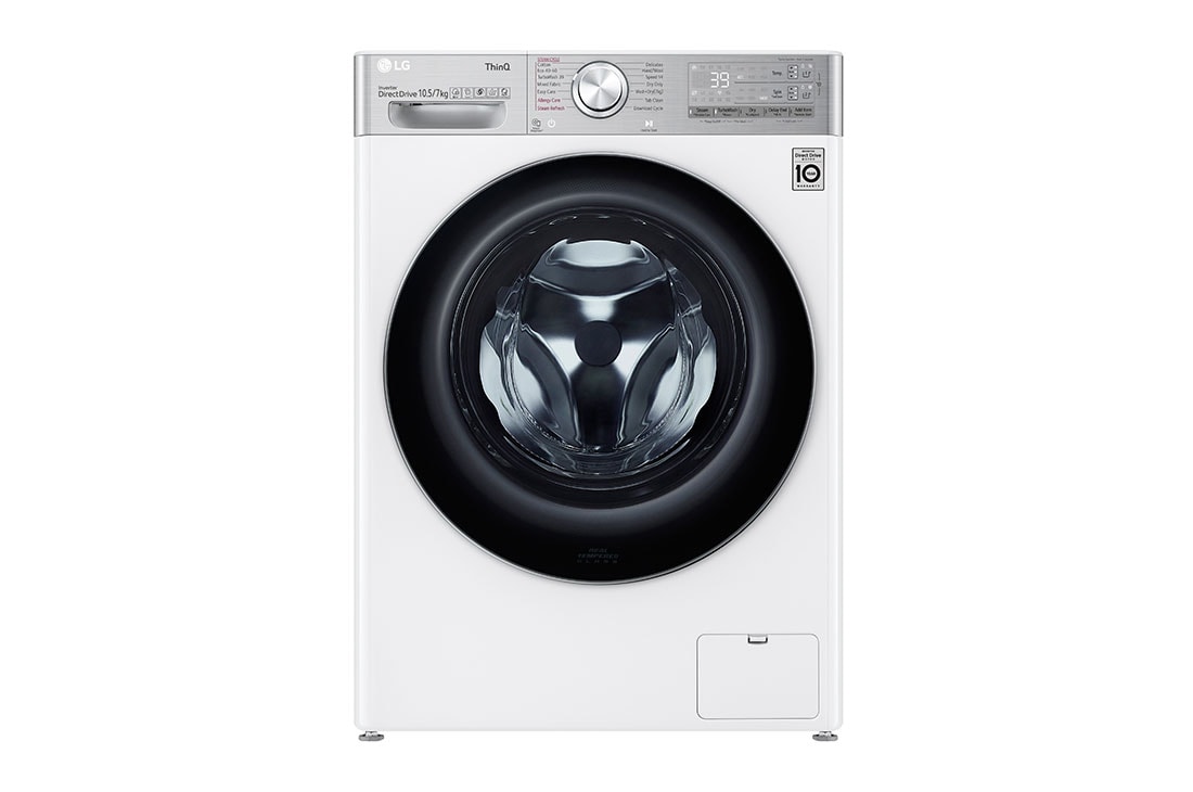 LG Mașină de spălat cu uscător | 10,5kg spălare/ 7kg uscare | 1400 rpm | AI Direct Drive™ | Clasa A ciclu spălare / Clasa E ciclu spălare + uscare | Steam+™ |  TurboWash™39 | Alb, front image, F4DV910H2EA