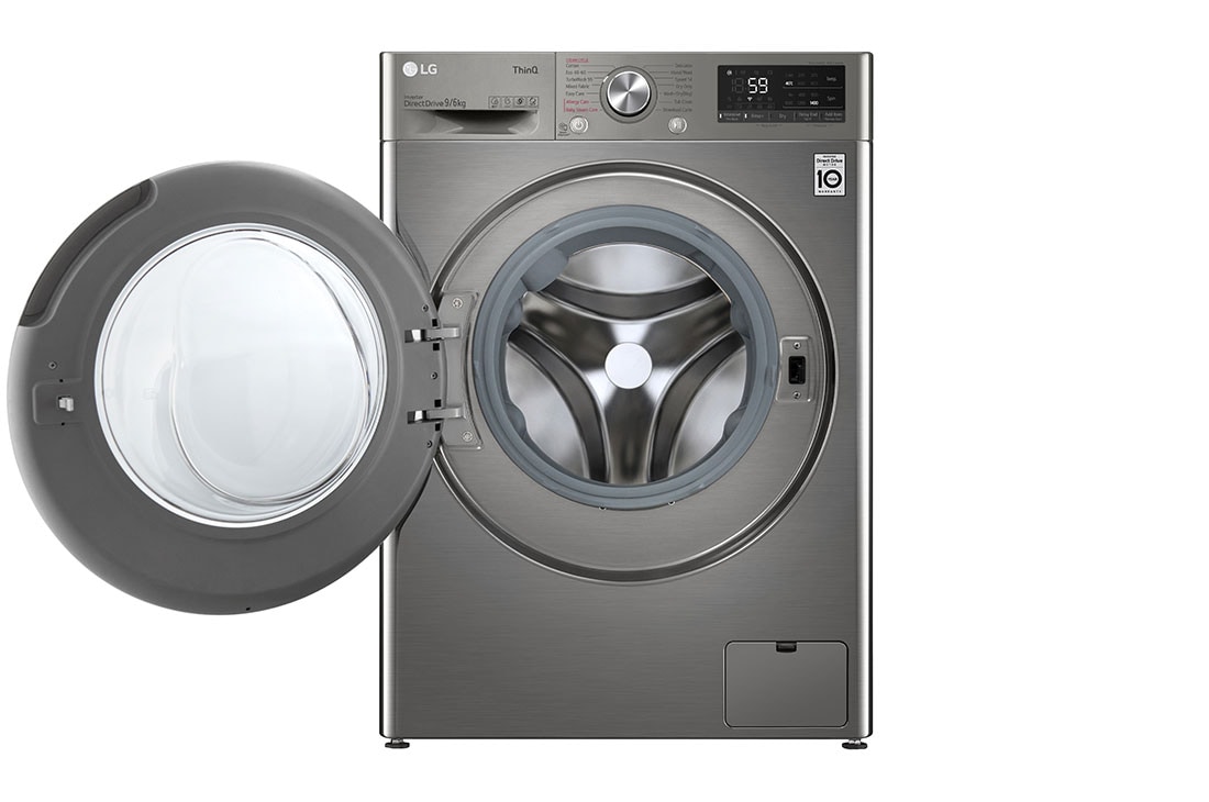 LG Mașină de spălat cu uscător | 9Kg spălare/6Kg uscare | 1400 rpm | AI Direct Drive™ | Clasa B ciclu spălare / Clasa E ciclu spălare + uscare | ThinQ™ | Steam™ | Platină, vedere frontală cu ușa deschisă, F4DV509S2TE, thumbnail 2