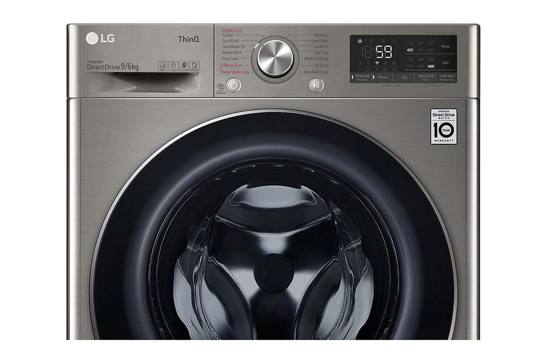 LG Mașină de spălat cu uscător | 9Kg spălare/6Kg uscare | 1400 rpm | AI Direct Drive™ | Clasa B ciclu spălare / Clasa E ciclu spălare + uscare | ThinQ™ | Steam™ | Platină, vedere părții de sus și a unității de comandă de sus, F4DV509S2TE, thumbnail 5