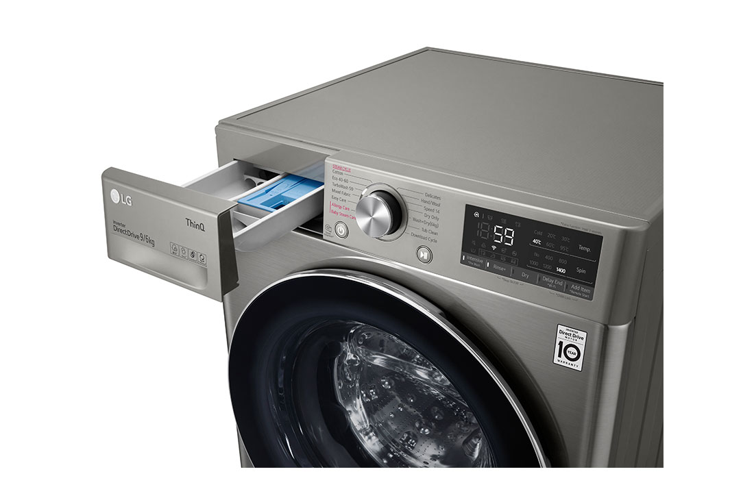 LG Mașină de spălat cu uscător | 9Kg spălare/6Kg uscare | 1400 rpm | AI Direct Drive™ | Clasa B ciclu spălare / Clasa E ciclu spălare + uscare | ThinQ™ | Steam™ | Platină, vedere superioară a părții de sus și a unității de comandă cu sertarul deschis, F4DV509S2TE, thumbnail 6