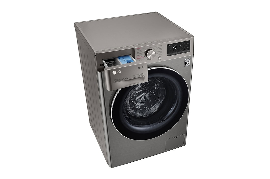 LG Mașină de spălat cu uscător | 9Kg spălare/6Kg uscare | 1400 rpm | AI Direct Drive™ | Clasa B ciclu spălare / Clasa E ciclu spălare + uscare | ThinQ™ | Steam™ | Platină, vederea din perspectivă de sus cu sertarul deschis, F4DV509S2TE, thumbnail 9