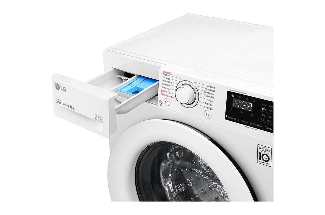 LG Mașină de spălat | 7kg spălare | 1200 rpm | AI Direct Drive™ | Clasa D | Steam™ | Smart Diagnosis™ | Alb, vedere superioară a părții de sus și a unității de comandă cu sertarul deschis, F2WV3S7S3E, thumbnail 5