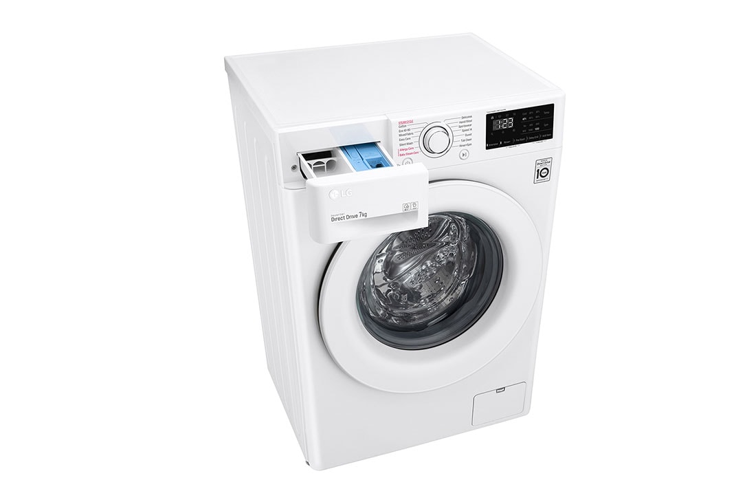 LG Mașină de spălat | 7kg spălare | 1200 rpm | AI Direct Drive™ | Clasa D | Steam™ | Smart Diagnosis™ | Alb, vederea din perspectivă de sus cu sertarul deschis, F2WV3S7S3E, thumbnail 9