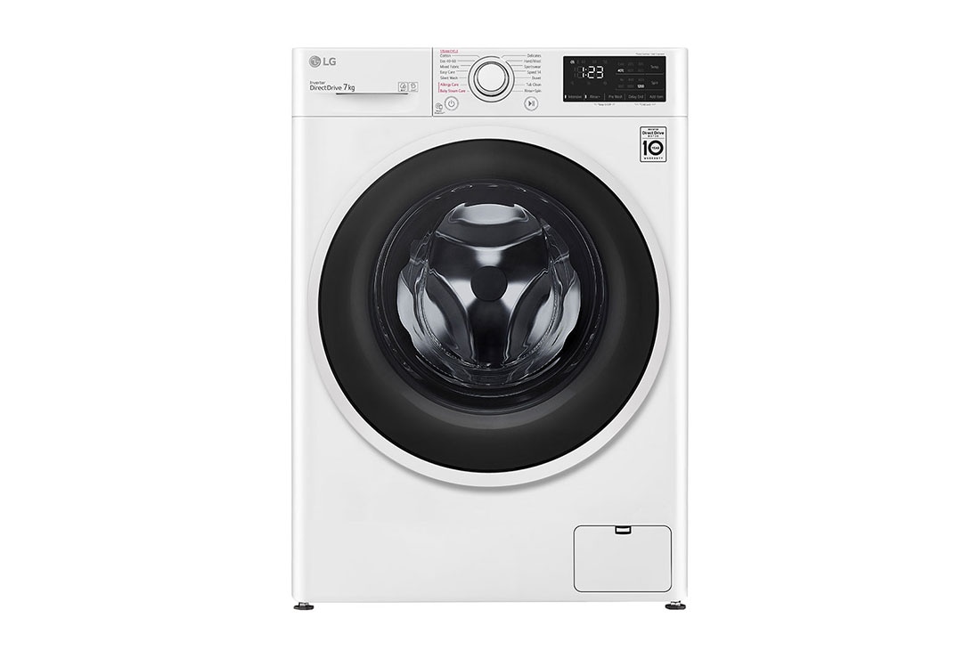 LG Mașină de spălat pentru 7 kg de haine, Clasa D,  AI DD, dispozitiv de ridicare din oțel inoxidabil, corp alb, ușă neagră, Front_slim, F2WV3S7AIDD