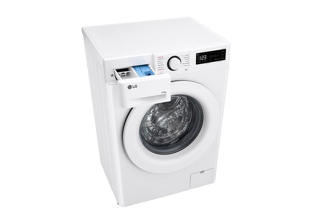 LG Masina de spalat cu uscator, Slim, 8/5kg, 1200rpm, Motor Inverter Direct Drive, Steam, Alb, Top Left Perspective Drawer Open, F2DR508SWW, thumbnail 9