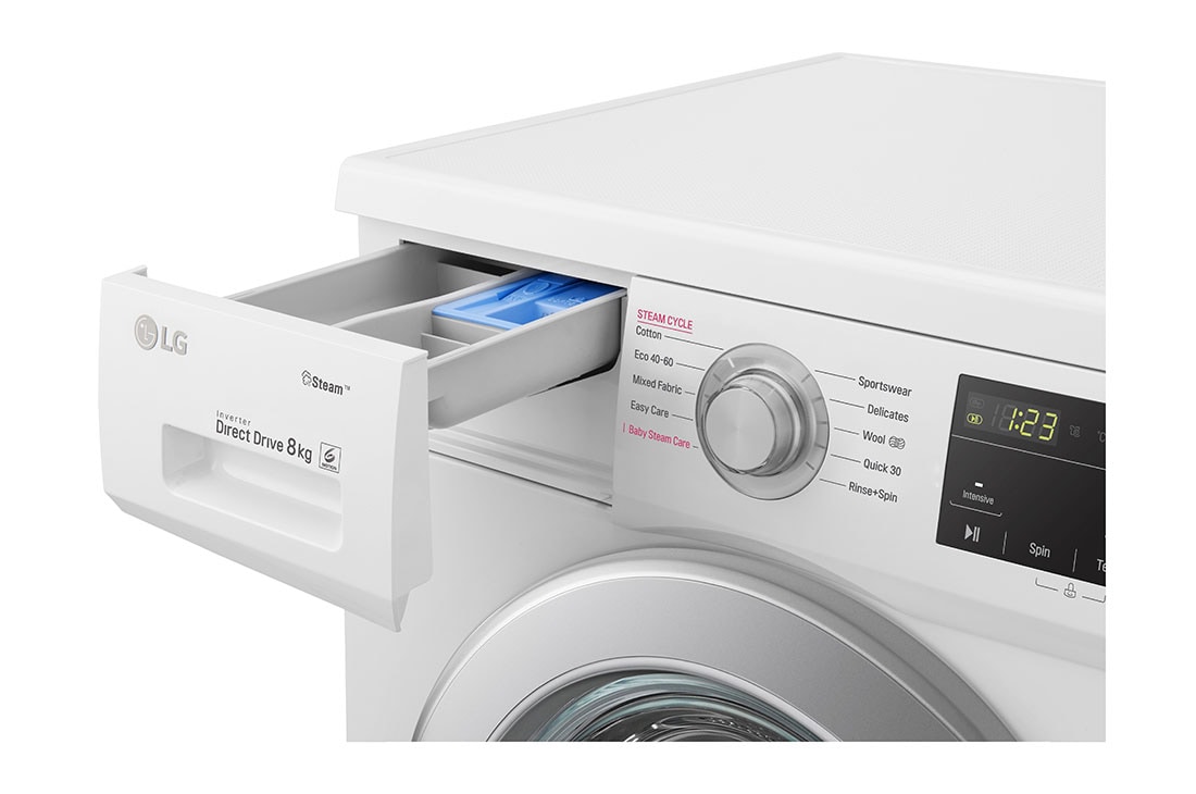 LG Masina de Spalat, 8 kg, 1400rpm, Motor Inverter Direct Drive, Steam, Alb, Drawer open, F4J3TS4WE, thumbnail 5