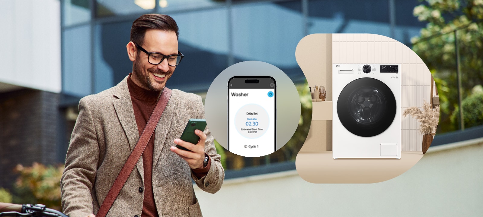 Un bărbat care controlează de la distanță mașina de spălat LG prin intermediul aplicației ThinQ™.