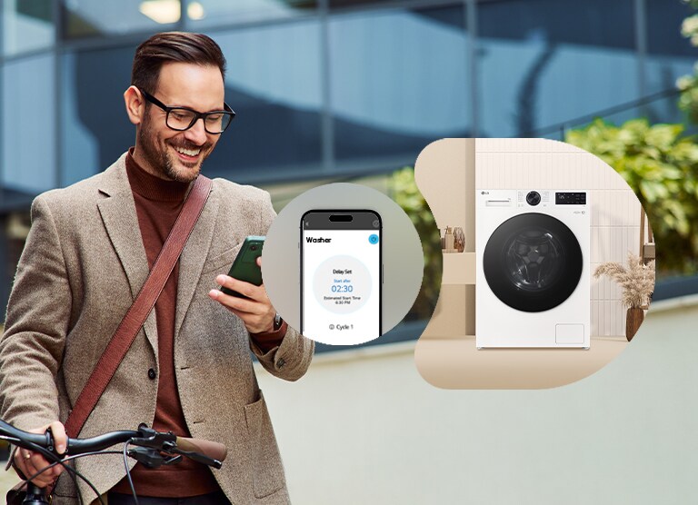 Un bărbat care controlează de la distanță mașina de spălat LG prin intermediul aplicației ThinQ™.