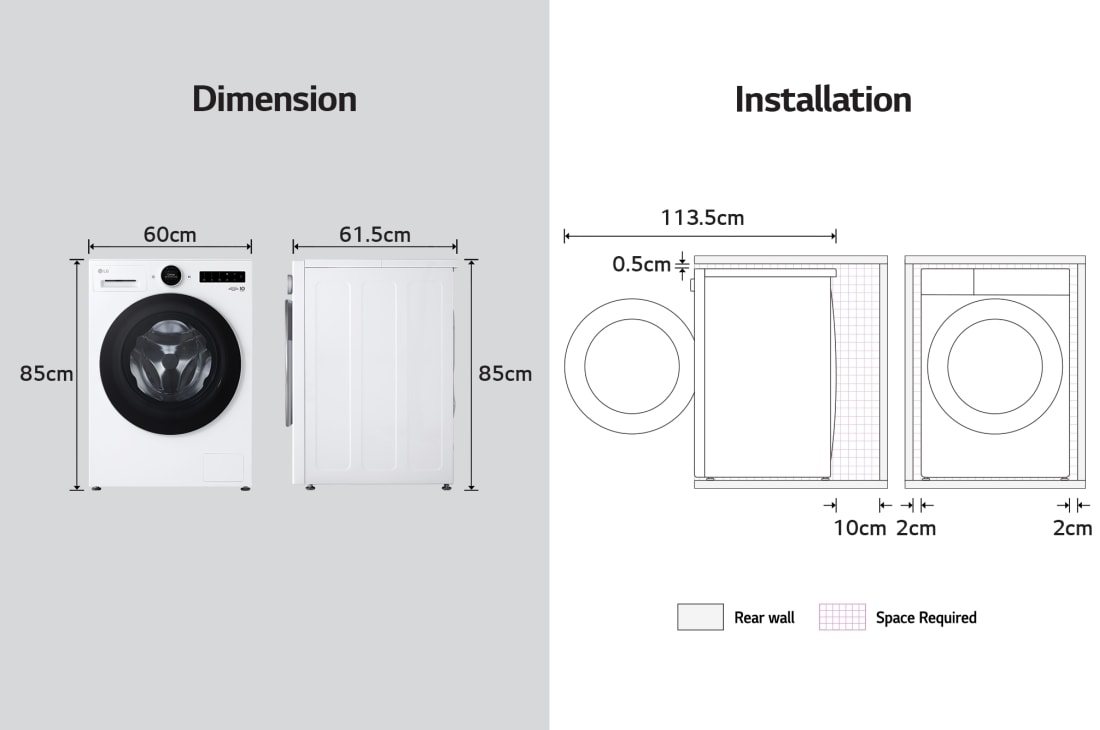 LG Mașină de spălat rufe LG Seria 7, 9 kg, 1400 rpm, AI Direct Drive, alba, Dimensiuni și instalare, F2X70S9TWS, thumbnail 14