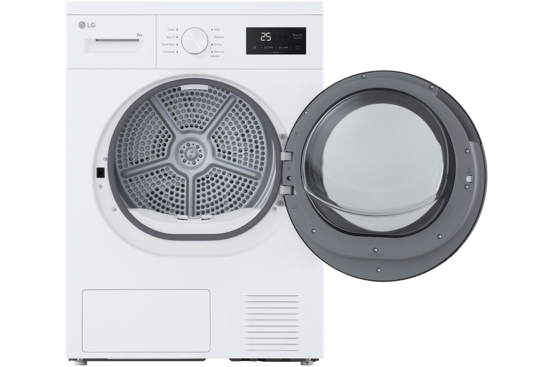 LG Uscător de rufe cu pompă de căldură, 8 kg, Clasa D, imagine cu ușa din față deschisă a uscătorului, RHA1008NWK, thumbnail 2