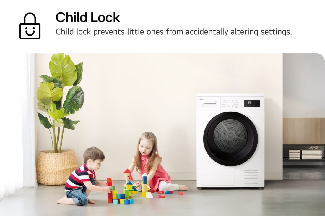 LG Uscător de rufe cu pompă de căldură, 8 kg, Clasa D, imagine cu doi copii jucându-se cu cuburi colorate lângă o mașină de spălat. Text identificat: „Blocare pentru copii”: Funcția de blocare pentru copii împiedică modificarea accidentală a setărilor de , RHA1008NWK, thumbnail 5