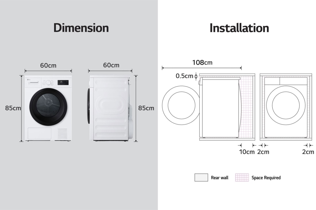 LG Uscător de rufe cu pompă de căldură, 8 kg, Clasa D, dimensiuni de instalare ale uscătorului, RHA1008NWK, thumbnail 6