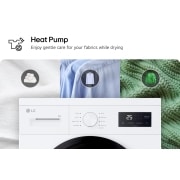 LG Uscător de rufe cu pompă de căldură, 8 kg, Clasa D, imagine care arată cadranul uscătorului cu opțiuni pentru prosoape, cămăși și țesături de lână. Text identificat: „Pompă de căldură”: Bucură-te de o îngrijire delicată a țesăturilor în timpul uscării., RHA1008NWK, thumbnail 3