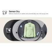 LG Uscător de rufe cu pompă de căldură, 8 kg, Clasa D, imagine care arată funcția de detectare a umidității și de setare automată a timpului de uscare. O bluză pe jumătate uscată, cu o pictogramă în formă de picătură de apă și tamburul unui uscător în fun, RHA1008NWK, thumbnail 4