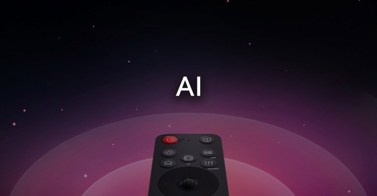 The webOS logo hovering in the center on a black background, and the space below is illuminated with the logo colors of red, orange, and yellow. The words "webOS Re:New Program" are below the logo.  Five rectangles in different colors are staggered upwards, each labeled with a year from "webOS 24" to "webOS 28". Upward-pointing arrows are between the rectangles, labeled from "Upgrade 1" to "Upgrade 4".