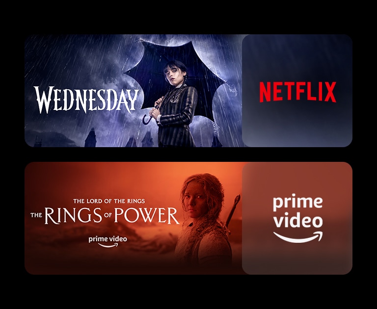 Sunt prezentate două blocuri de imagine – fiecare cu sigla platformei de redare în flux și imaginea conținutului video. Sigla Netflix cu Wednesday, sigla Prime video cu The rings of power.