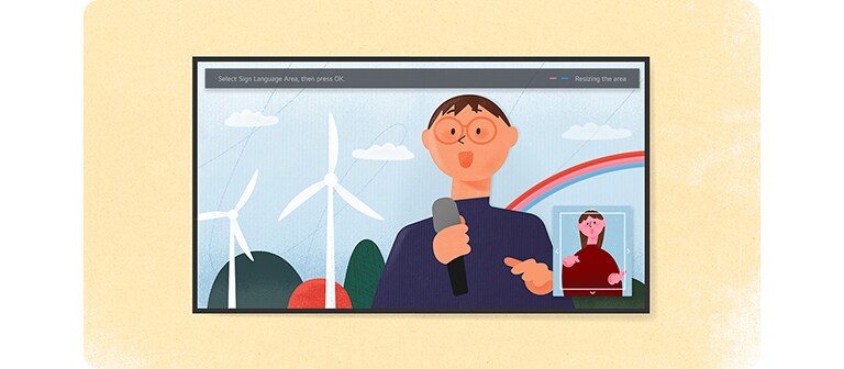 O ilustrație a LG OLED care prezintă o emisiune de prognoză meteo în care apare un interpret de limbajul semnelor într-o cutie cu săgeți  care descriu redimensionarea.