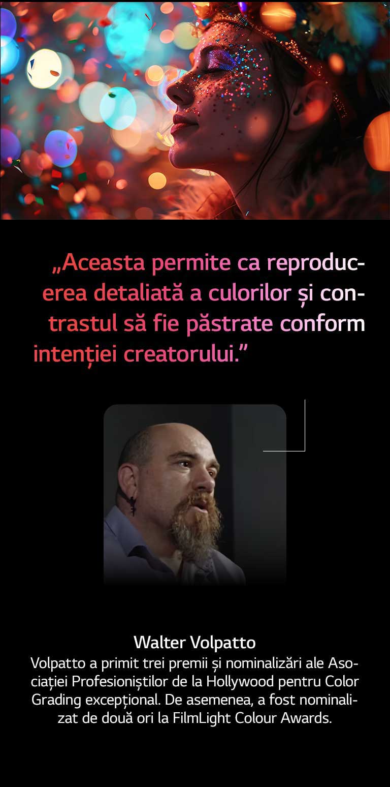 Subiect uman pe un fundal colorat cu efect bokeh. Este evidențiat un citat din Walter Valpatto, un director de imagine proeminent, care vorbește despre AI Director Processing, ceea ce permite reproducerea detaliată a culorilor și păstrarea contrastului așa cum a intenționat creatorul. 