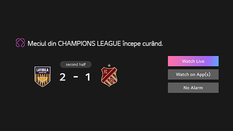 Este afișată notificarea de sport. Este un memento că meciul din campionat va începe curând. Butoanele CTA sunt și ele vizibile, urmărește live, urmărește pe aplicație, fără alarmă.