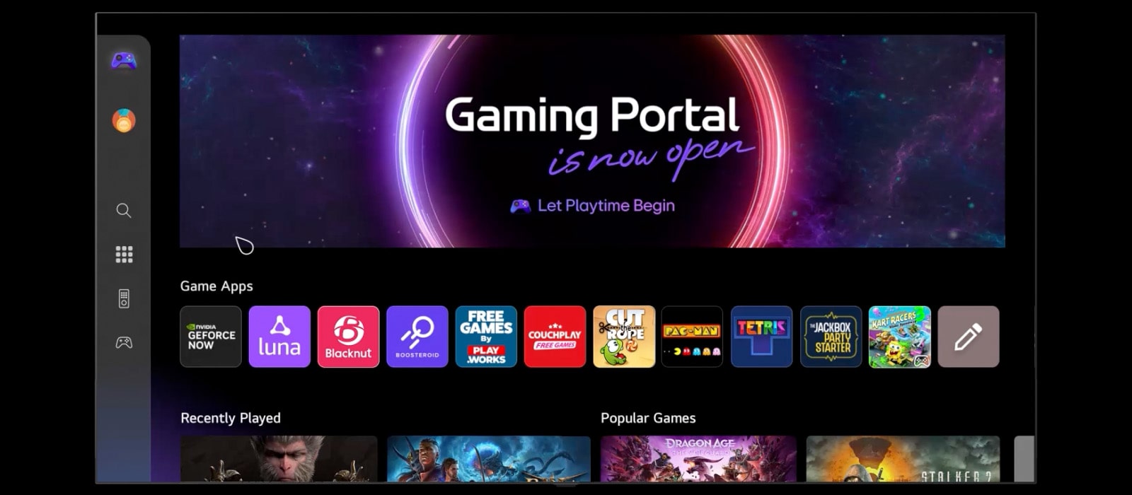 LG TV care afișează ecranul Portalului de Jocuri, derulând în jos prin jocurile și funcțiile disponibile. Videoclipul arată un utilizator navigând la meniul de setări din stânga, prezentând diverse opțiuni de joc, inclusiv GFN, Luna, Blacknut, Boosteroid și Xbox.