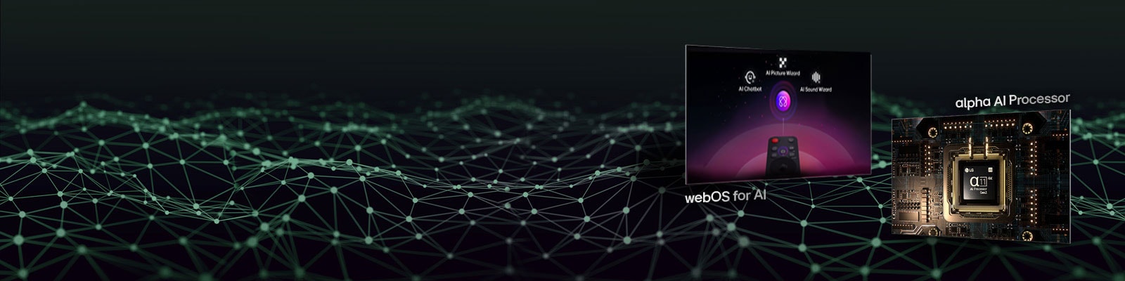 Două ecrane afișează funcțiile cheie: unul prezintă telecomanda LG AI Magic Remote etichetată „webOS for AI”, iar celălalt evidențiază procesorul alpha 11 AI Gen2 cu „procesor alpha AI” mai jos.